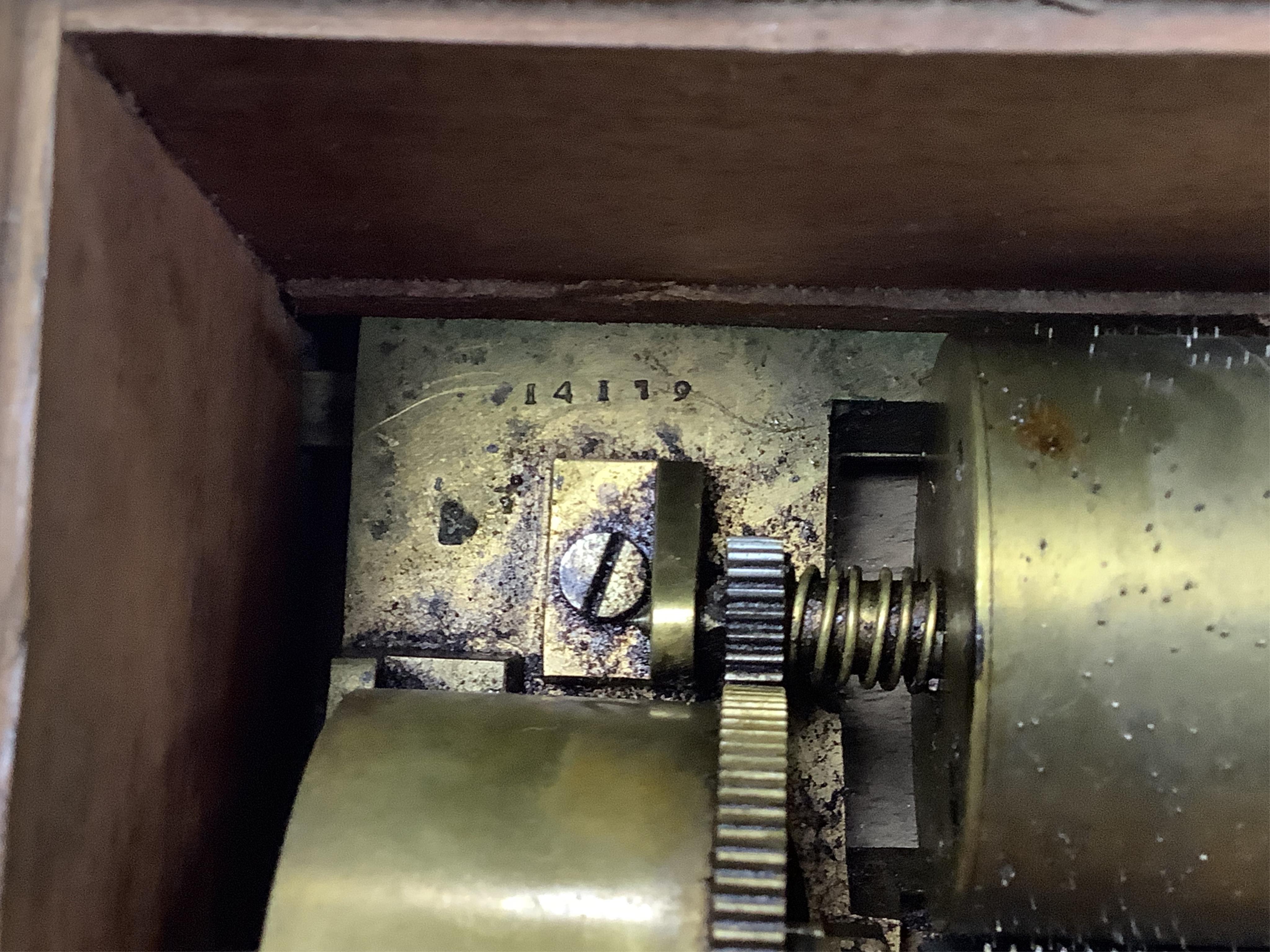 An early F. Nicole key-wound four-air Swiss cylinder box, number 14179, in mahogany case, cylinder length 19.5cm, case length 32cm.